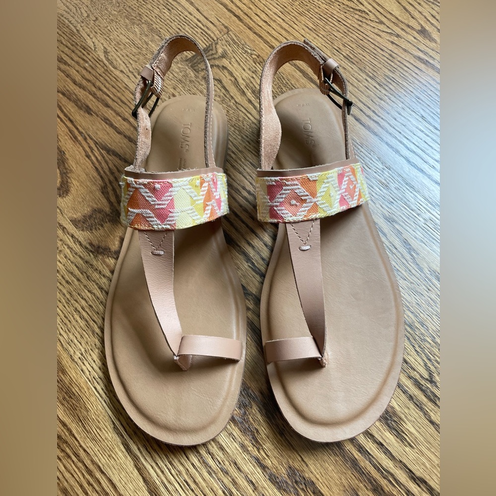 Toms Tan Leather Sandals with Coral and Yellow Aztec Strap